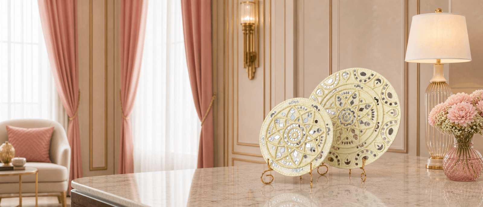 Two ivory mirror-inlay Everly White plates on gold stands, styled on a marble console in a blush-pink living room