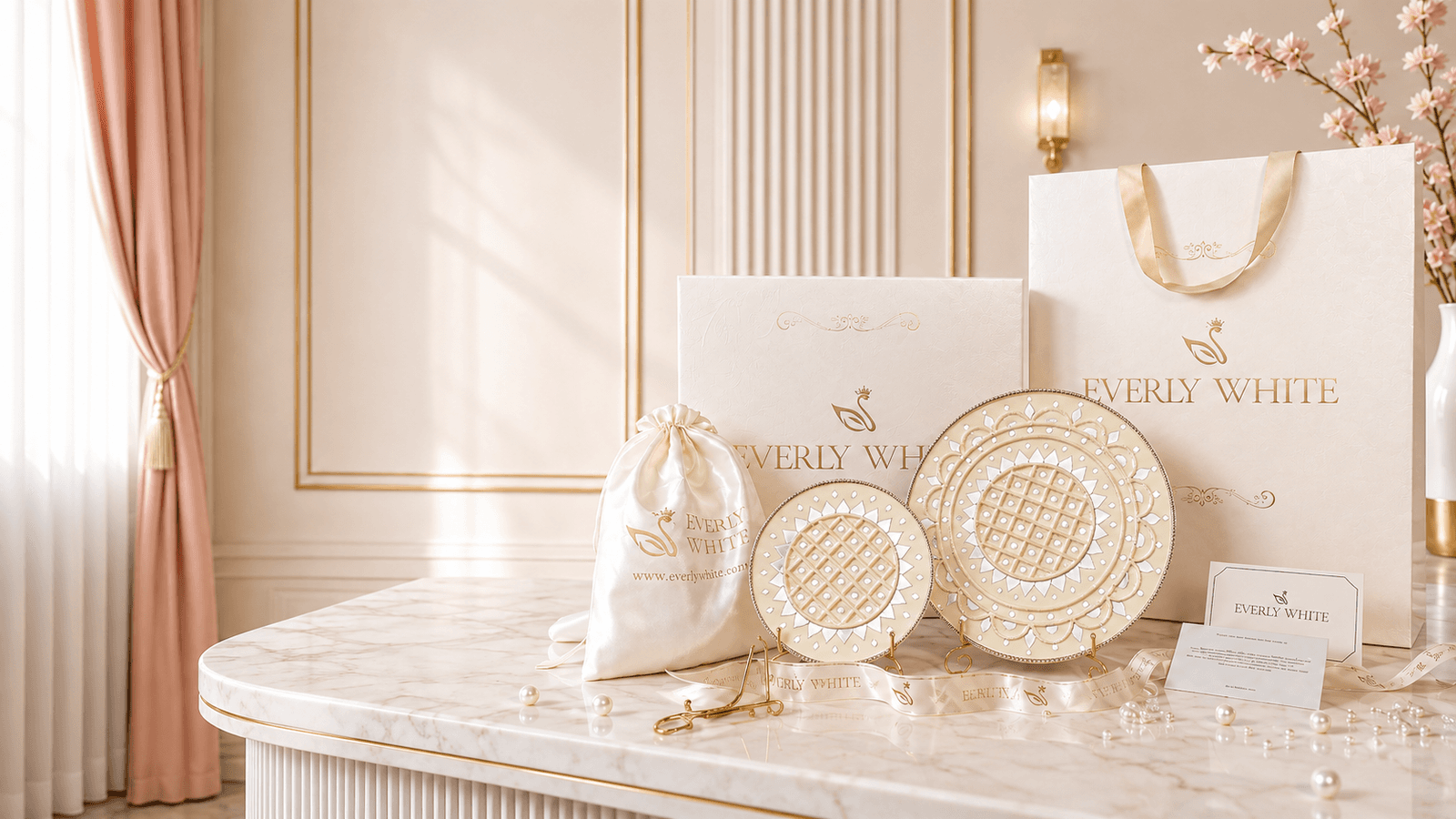 An Everly White gift set — two gold-and-ivory mandala plates on stands beside the branded gift box, drawstring pouch, bag and card