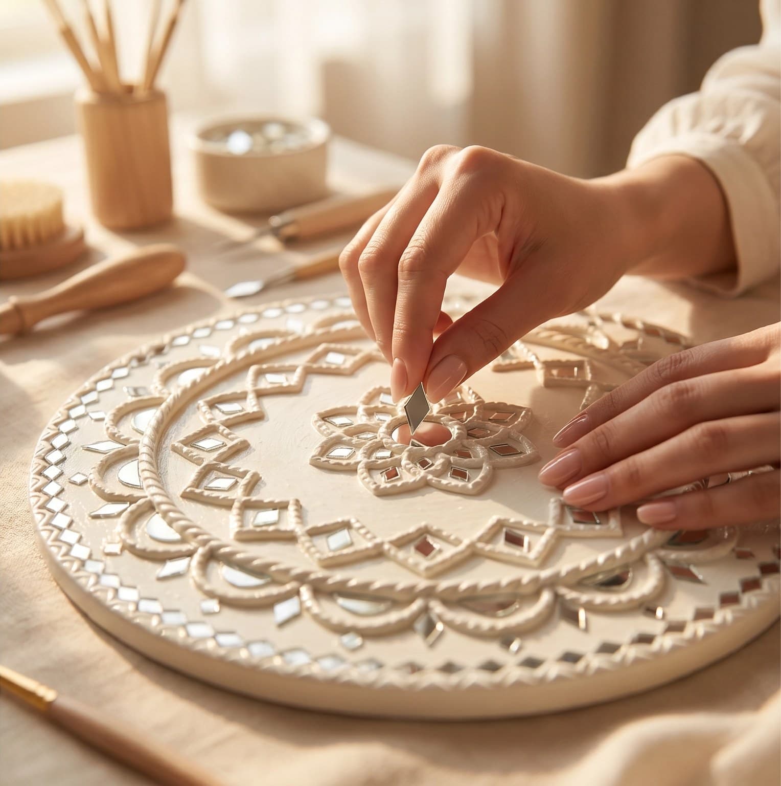 Hand-setting mirror work on an Everly White plate