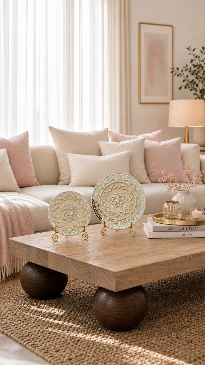 Everly White plates on a coffee table with candles