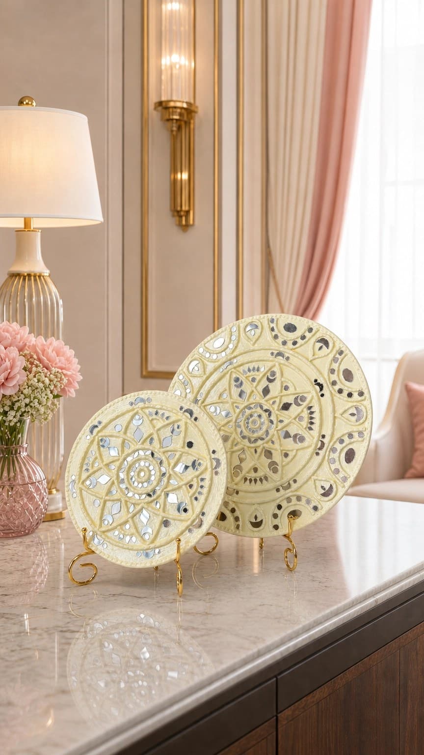Everly White plates displayed on gold stands