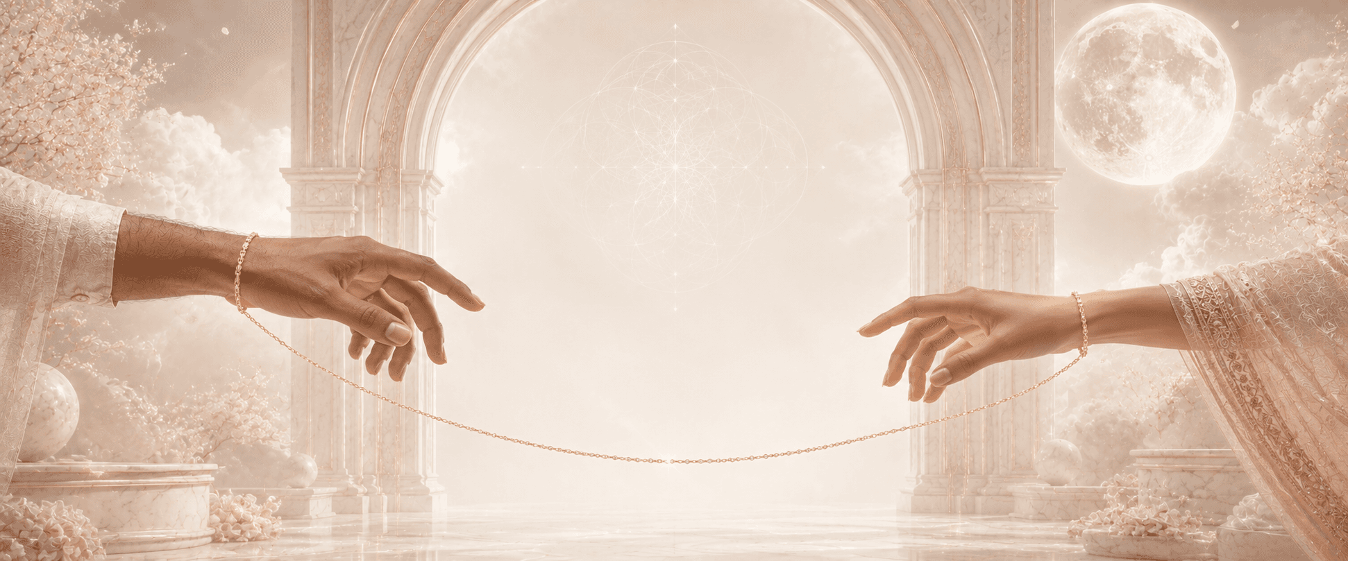 Two hands reaching toward each other through a celestial archway, connected by a gold chain beneath a cosmic mandala and full moon